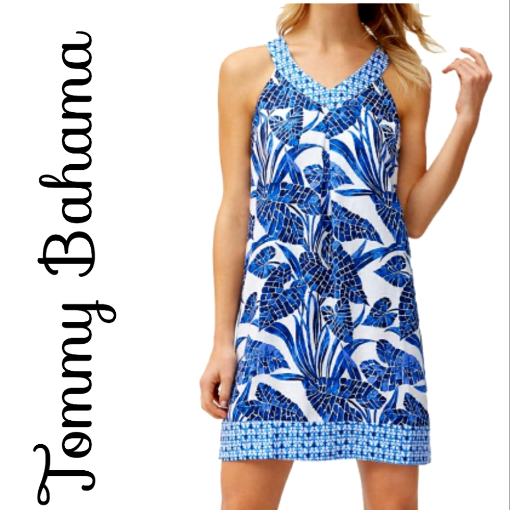 Nwot Tommy Bahama White Linen w Blue Leaves  Sleeveless Shift Sundress
